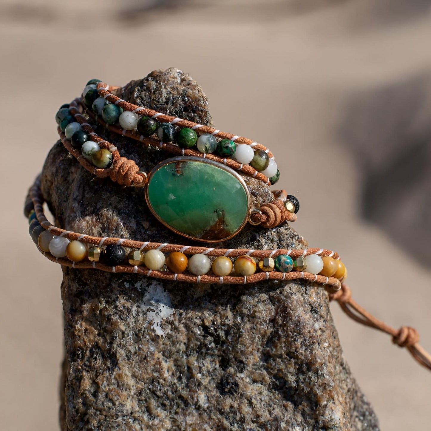 Wohlstands-Wickelarmband – Jade, Afrikanischer Türkis, Onyx und Lavastein