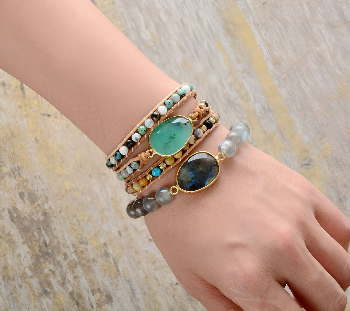 Wohlstands-Wickelarmband – Jade, Afrikanischer Türkis, Onyx und Lavastein